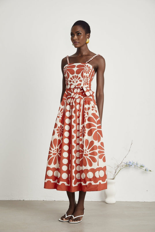 Cherish Red Graphic Print Midi Dress with Waist Tie