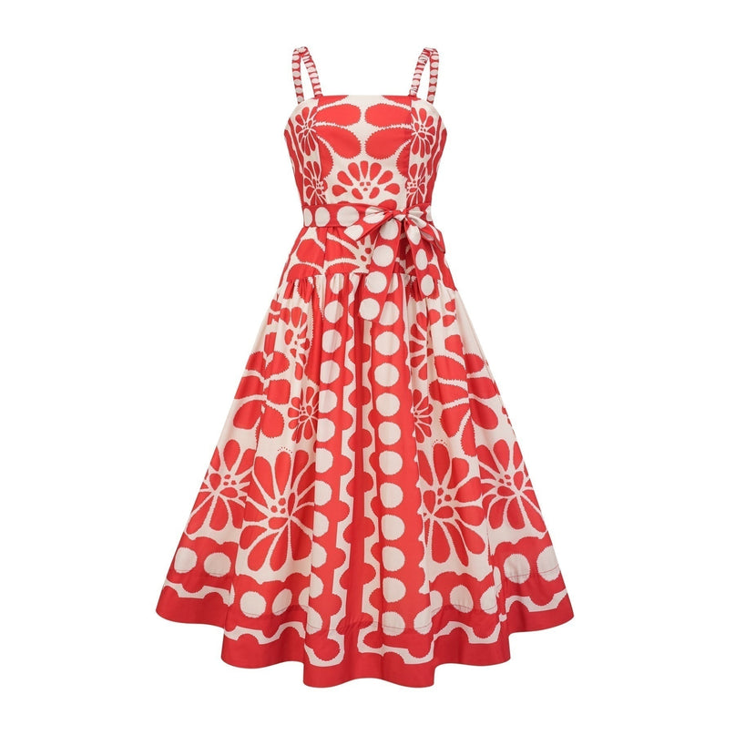 Cherish Red Graphic Print Midi Dress with Waist Tie and Rear Zip Fastening