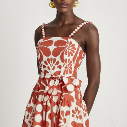 Cherish Red Graphic Print Midi Dress with Waist Tie and Rear Zip Fastening in 70% Terylene 30% Cotton Blend