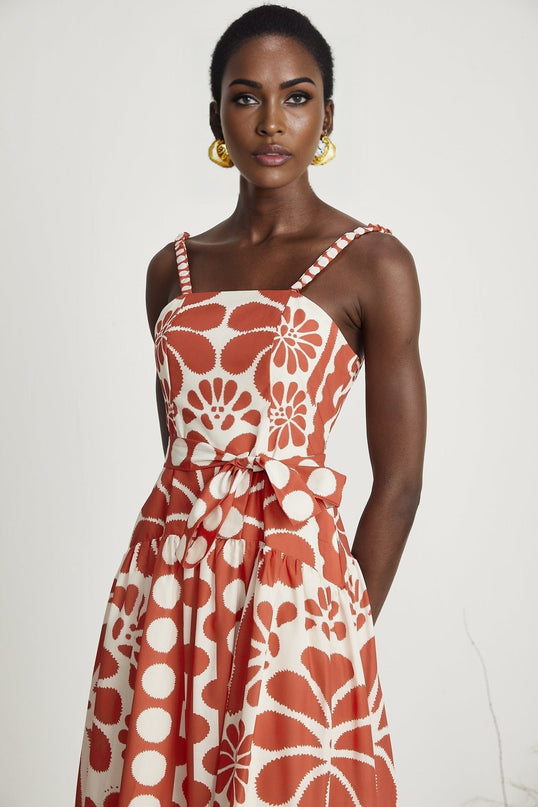 Cherish Red Graphic Print Midi Dress with Waist Tie and Rear Zip Fastening in 70% Terylene 30% Cotton Blend