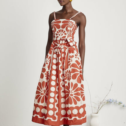 Cherish Red Graphic Print Midi Dress with Waist Tie and Rear Zip Fastening