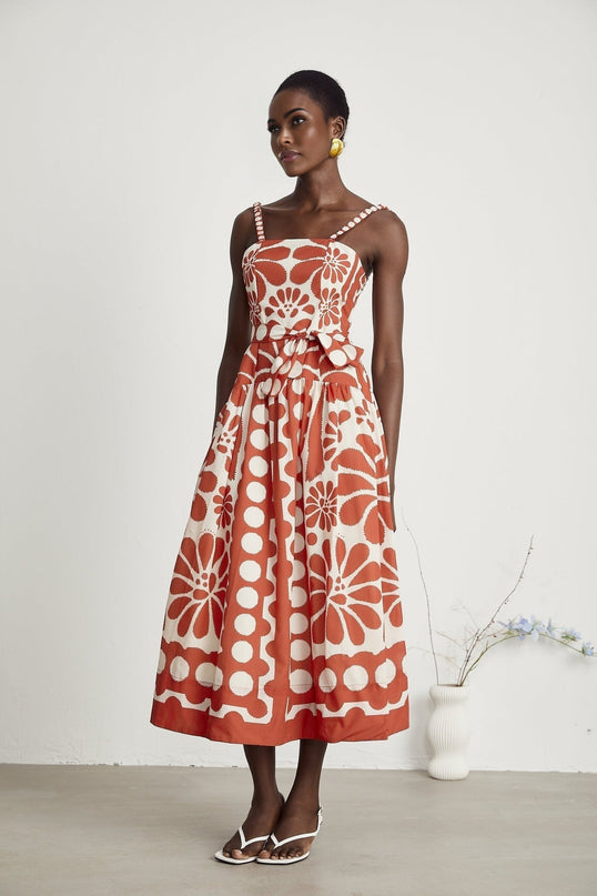 Cherish Red Graphic Print Midi Dress with Waist Tie and Rear Zip Fastening