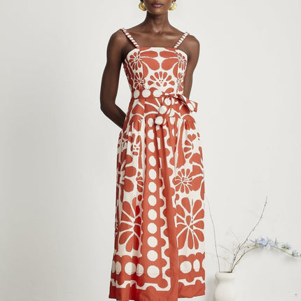 Cherish Red Graphic Print Midi Dress with Waist Tie and Rear Zip Fastening
