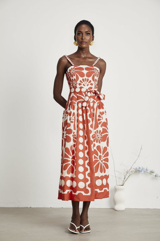 Cherish Red Graphic Print Midi Dress with Waist Tie and Rear Zip Fastening