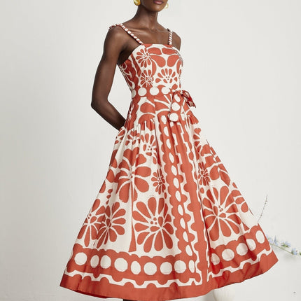 Cherish Red Graphic Print Midi Dress with Waist Tie and Rear Zip Fastening in 70% Terylene 30% Cotton Blend
