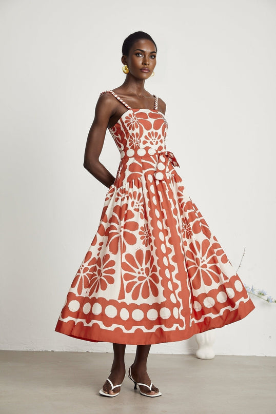 Cherish Red Graphic Print Midi Dress with Waist Tie and Rear Zip Fastening in 70% Terylene 30% Cotton Blend