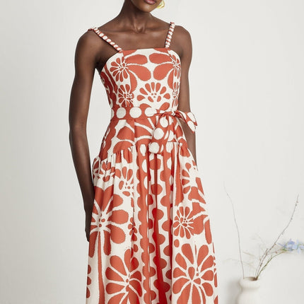 Cherish Red Graphic Print Midi Dress with Waist Tie and Zip Fastening