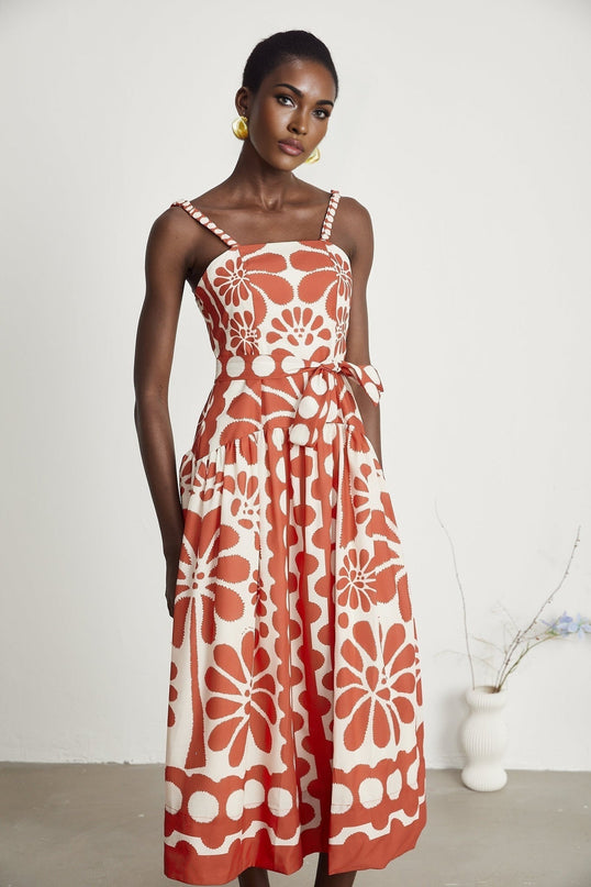 Cherish Red Graphic Print Midi Dress with Waist Tie and Zip Fastening
