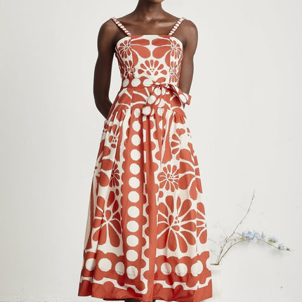 Cherish Red Graphic Print Midi Dress with Waist Tie and Zip Fastening