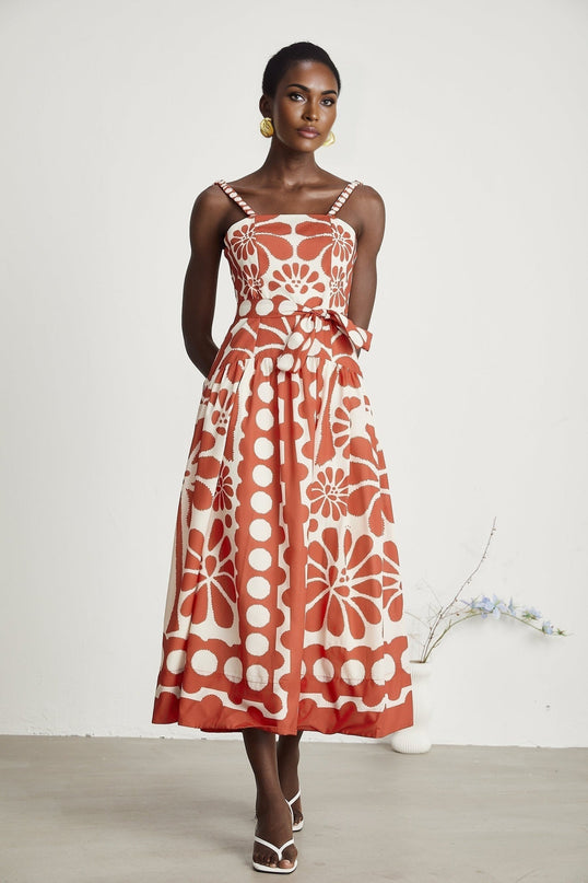 Cherish Red Graphic Print Midi Dress with Waist Tie and Zip Fastening