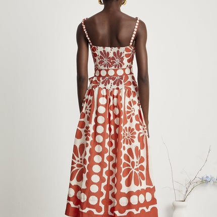 Cherish Red Graphic Print Midi Dress with Waist Tie and Zip Fastening