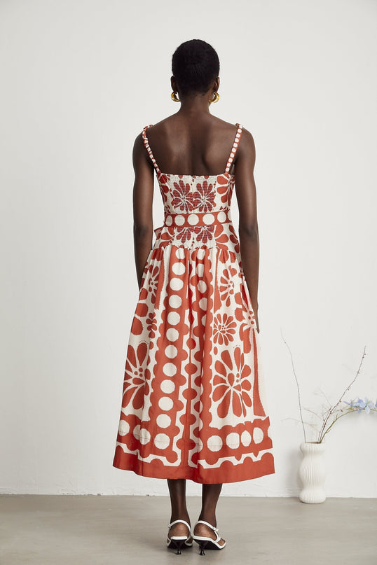 Cherish Red Graphic Print Midi Dress with Waist Tie and Zip Fastening