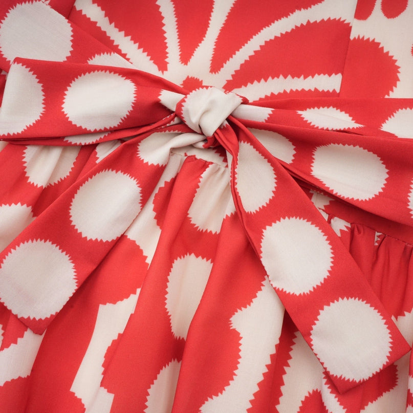 Cherish Red Graphic Print Midi Dress with Waist Tie and Rear Zip Fastening in 70% Terylene and 30% Cotton