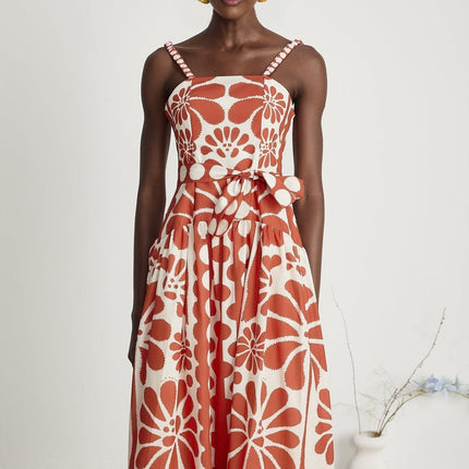 Cherish Red Graphic Print Midi Dress with Waist Tie and Rear Zip Fastening