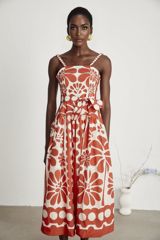 Cherish Red Graphic Print Midi Dress with Waist Tie and Rear Zip Fastening