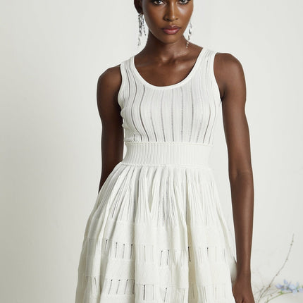 Cherish White Mini Dress U-neck Sleeveless Cut-out Waist Tightened Flared Skirt Pleated Detailing
