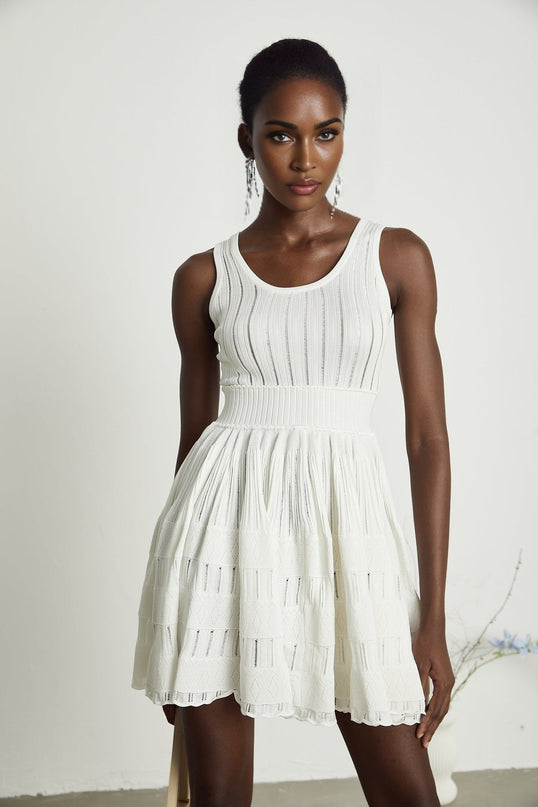 Cherish White Mini Dress U-neck Sleeveless Cut-out Waist Tightened Flared Skirt Pleated Detailing