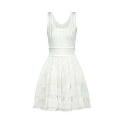 Cherish White Mini Dress U-neck Sleeveless Cut-out Detailing Waist Tightened Flared Skirt Pleated Detailing