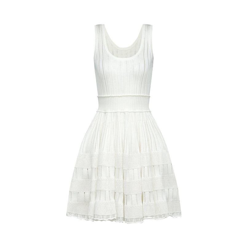 Cherish White Mini Dress U-neck Sleeveless Cut-out Detailing Waist Tightened Flared Skirt Pleated Detailing
