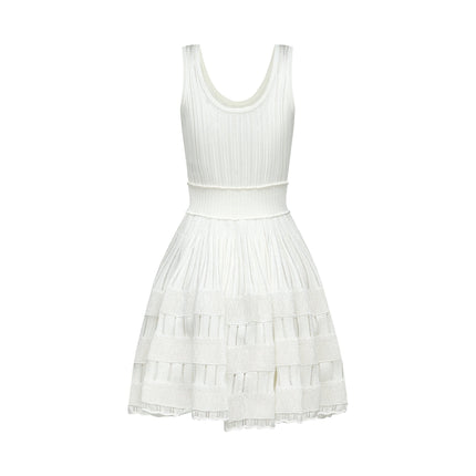 Cherish White Mini Dress U-neck Sleeveless Cut-out Waist Tightened Flared Skirt Pleated Detailing