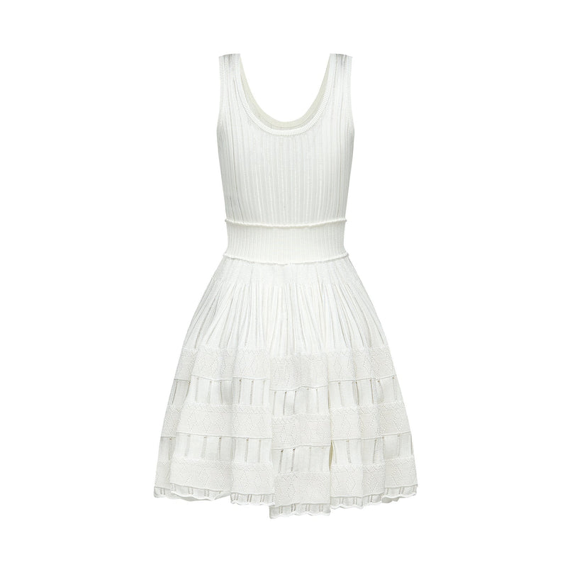 Cherish White Mini Dress U-neck Sleeveless Cut-out Waist Tightened Flared Skirt Pleated Detailing