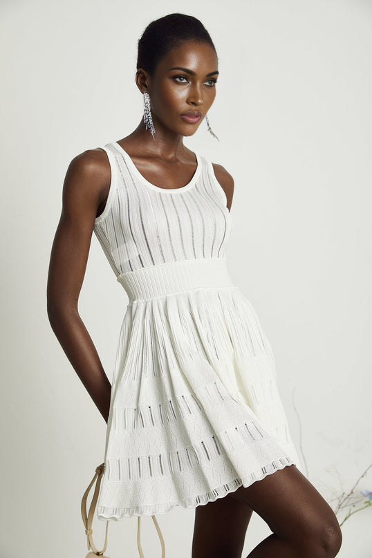 Cherish White Mini Dress U-neck Sleeveless Cut-out Waist Tightened Flared Skirt Pleated Detailing Luxury Style Comfort