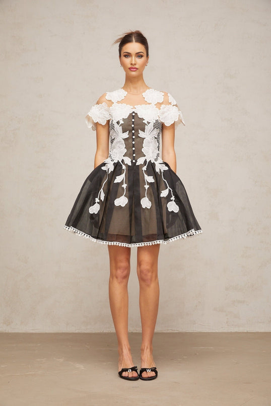 Cheyenne Black & White Floral Mesh Embroidered Mini Dress with Cap Sleeves and Cinched Waist