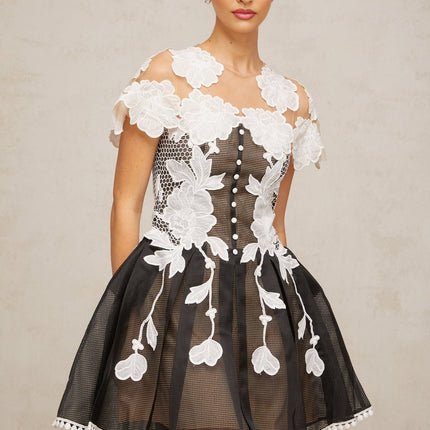 Cheyenne Black & White Floral Mesh Embroidered Mini Dress with Cap Sleeves and Cinched Waist