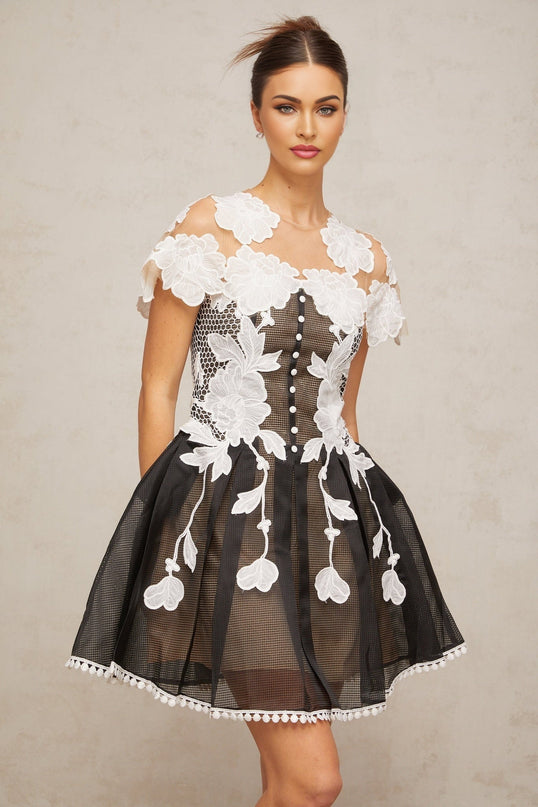 Cheyenne Black & White Floral Mesh Embroidered Mini Dress with Cap Sleeves and Cinched Waist
