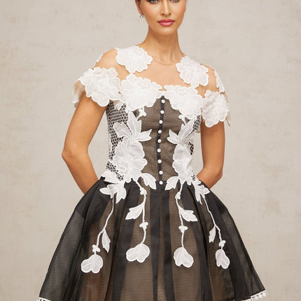 Cheyenne Black & White Floral Mesh Embroidered Mini Dress with Cap Sleeves and Pleated Detailing
