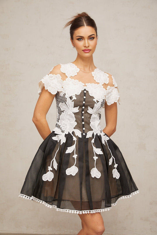 Cheyenne Black & White Floral Mesh Embroidered Mini Dress with Cap Sleeves and Pleated Detailing