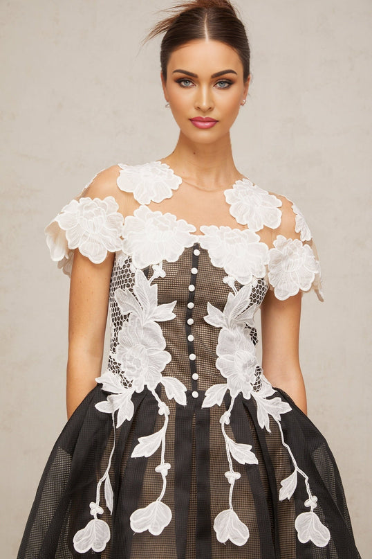 Cheyenne Black & White Floral Mesh Embroidered Mini Dress Cap Sleeves Cinched Waist Pleated Detailing Front Buttons Rear Button Zip Fastening Thigh-Length Terylene Fiber
