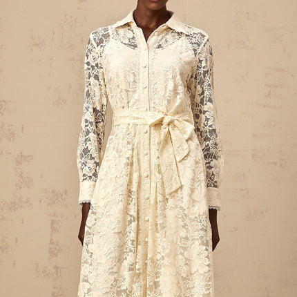 Cheyenne Guipure Lace Midi Dress in Neutrals