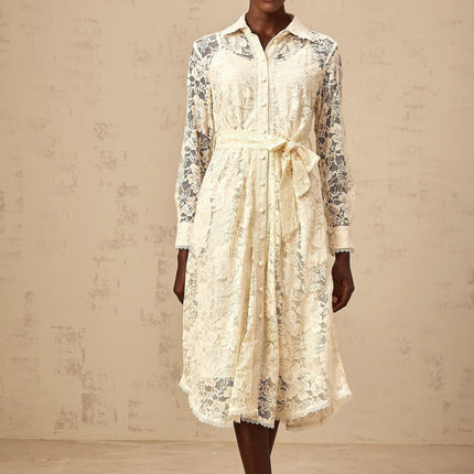 Cheyenne Guipure Lace Midi Dress in Neutrals