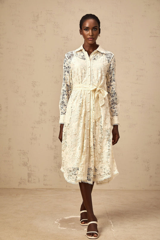 Cheyenne Guipure Lace Midi Dress in Neutrals