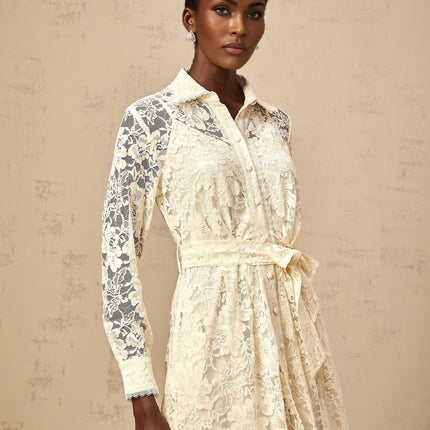 Cheyenne Guipure Lace Midi Dress in Neutrals