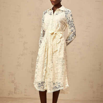 Cheyenne Guipure Lace Midi Dress in Neutrals