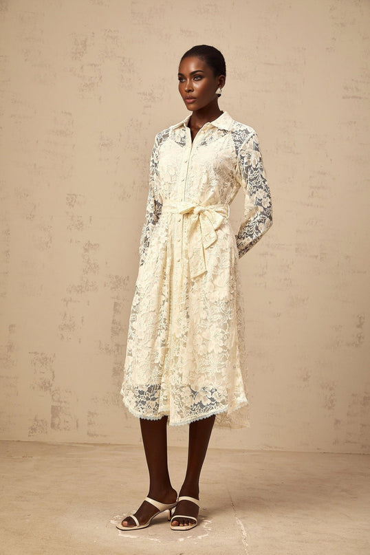 Cheyenne Guipure Lace Midi Dress in Neutrals