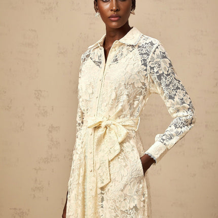 Cheyenne Guipure Lace Midi Dress in Neutrals