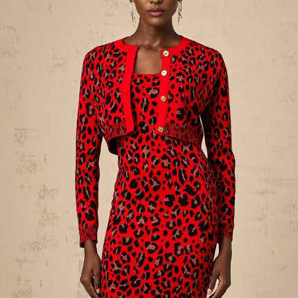 Cheyenne Leopard Print Fastening Cardigan in Rose Red & Black