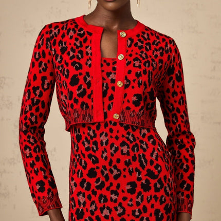 Cheyenne Leopard Print Fastening Cardigan in Rose Red & Black