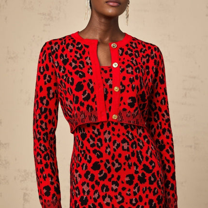 Cheyenne Leopard Print Fastening Cardigan in Rose Red & Black