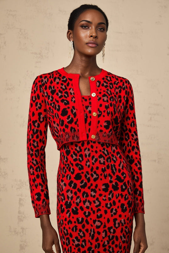 Cheyenne Leopard Print Fastening Cardigan in Rose Red & Black