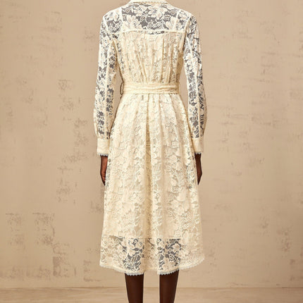 Cheyenne Midi Dress in Neutrals Guipure Lace Classic Collar Long Sleeves Tied Waist Buttoned Cuffs Internal Slip Front Button Fastening 100% Terylene Fiber Composition