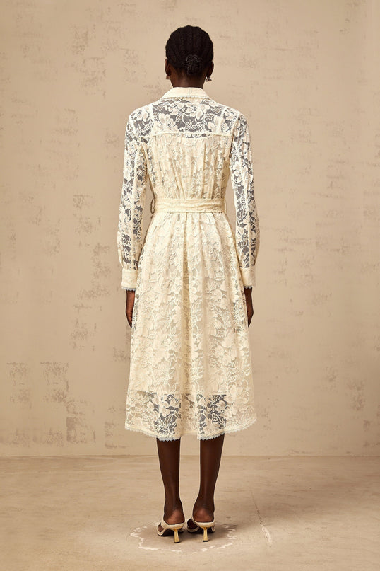 Cheyenne Midi Dress in Neutrals Guipure Lace Classic Collar Long Sleeves Tied Waist Buttoned Cuffs Internal Slip Front Button Fastening 100% Terylene Fiber Composition