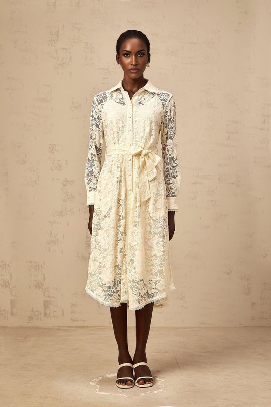 Cheyenne Guipure Lace Midi Dress Neutrals Terylene Fiber