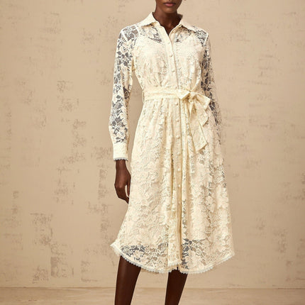 Cheyenne Midi Dress in Neutrals guipure lace classic collar long sleeves buttoned cuffs tied waist internal slip front button fastening Terylene fiber composition