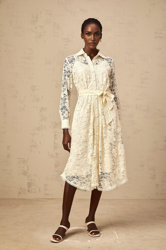 Cheyenne Midi Dress in Neutrals guipure lace classic collar long sleeves buttoned cuffs tied waist internal slip front button fastening Terylene fiber composition