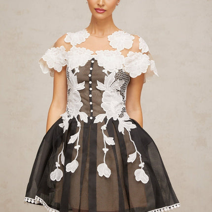 Cheyenne Black & White Floral Mesh Embroidered Mini Dress Cap Sleeves Cinched Waist Pleated Detailing Front Decorative Buttons Rear Button Zip Fastening Thigh Length 100% Terylene Fiber