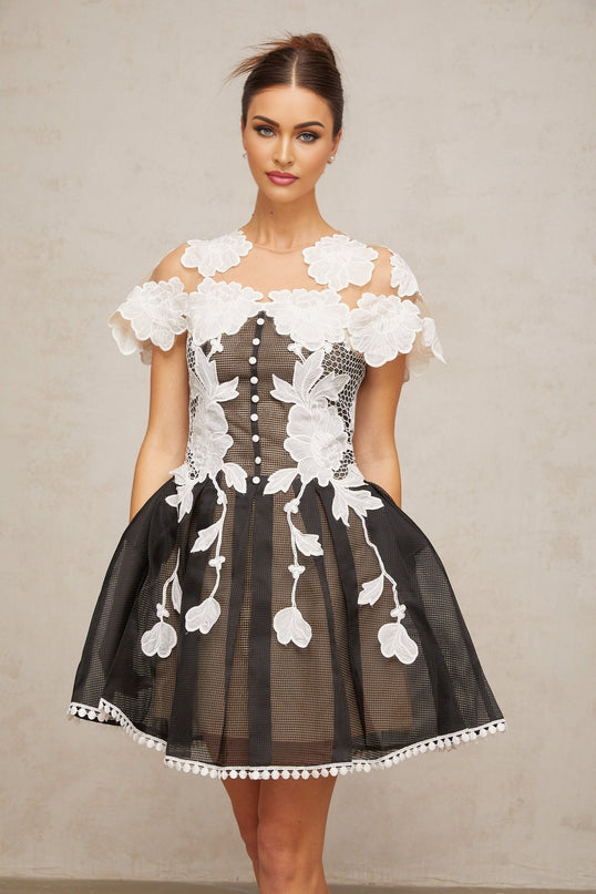Cheyenne Black & White Floral Mesh Embroidered Mini Dress Cap Sleeves Cinched Waist Pleated Detailing Front Decorative Buttons Rear Button Zip Fastening Thigh Length 100% Terylene Fiber